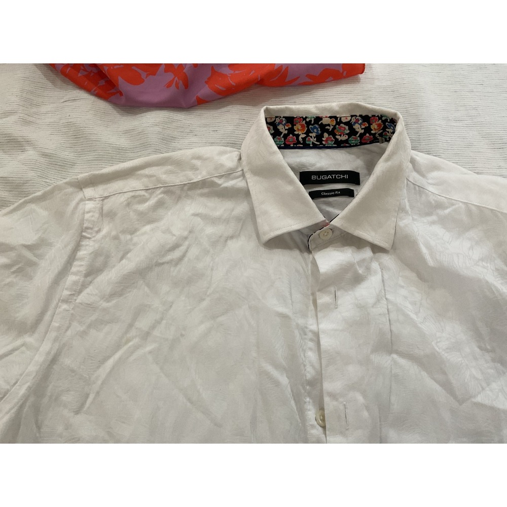 Bugatchi Uomo Mens White Tropical Leaf Jacquard Short Sleeve Shirt Classic Fit